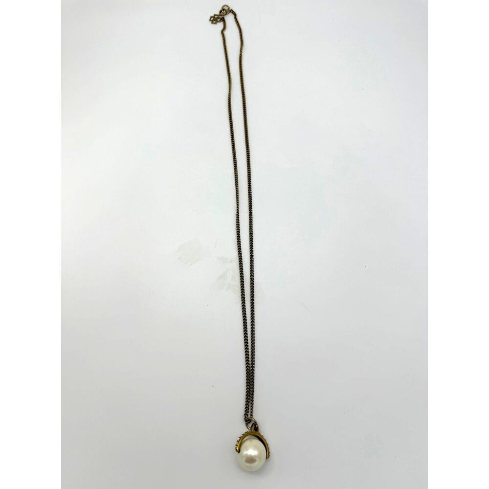 Ann Taylor Gold Tone Chain Necklace Round Faux Pearl Rhinestone Pendant